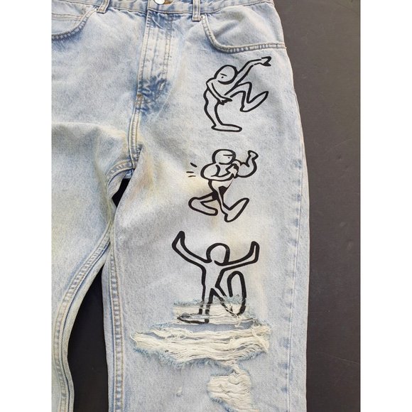 Zara Destroyed Graffitti Jeans 32 x 24 Loose Crop Unisex? Mens Womens - Picture 11 of 12